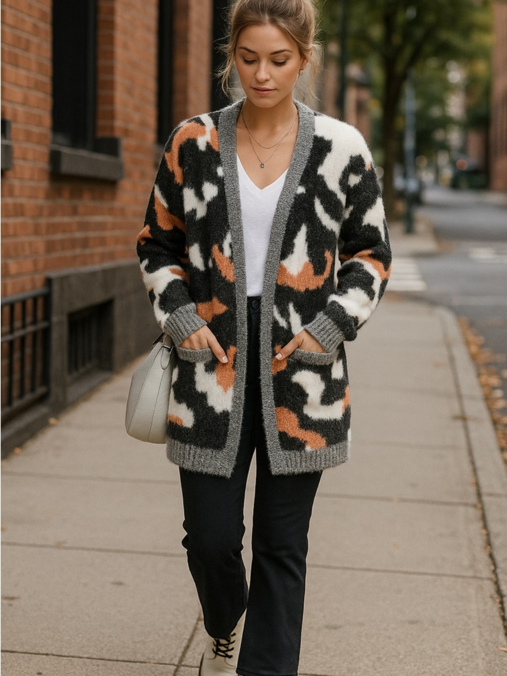 🛍️NWT Cozy Animal Camo Open Cardigan Sweater - Gray/White/Tan